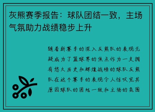 灰熊赛季报告：球队团结一致，主场气氛助力战绩稳步上升
